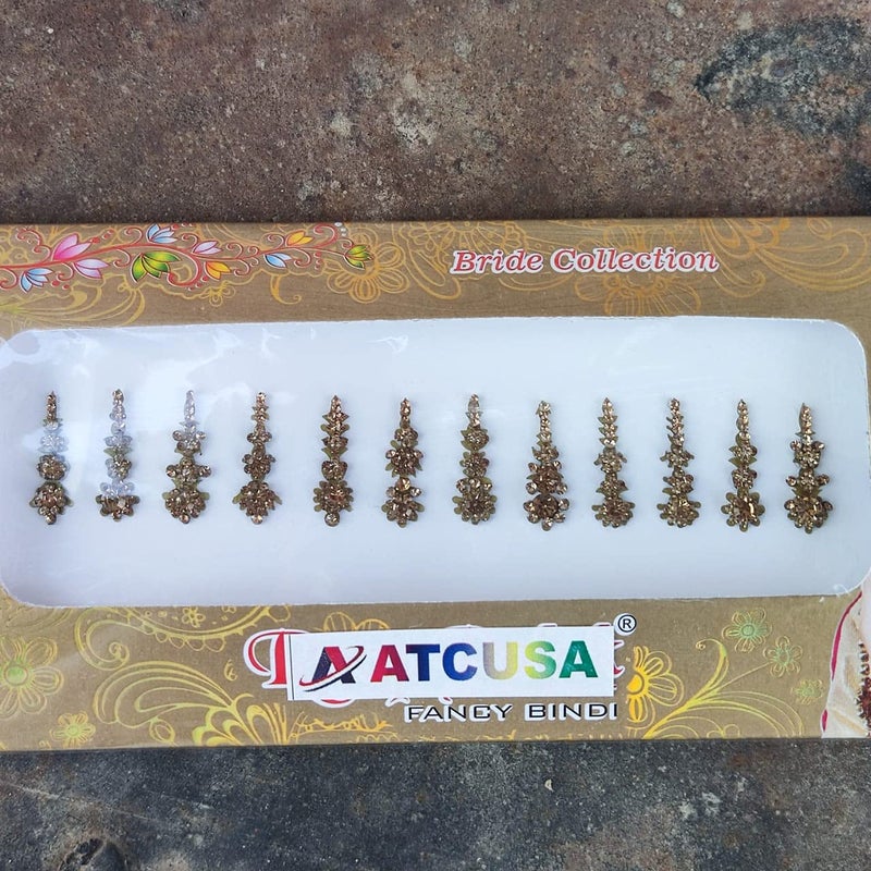 ATCUSA 12 Golden Long Crystal Bindi Bridal face Jewels Forehead Tika Indian Bindis for women bindi Indian multicolor round long small gold (Long 12 Bindi - Golden Color) - Image 3